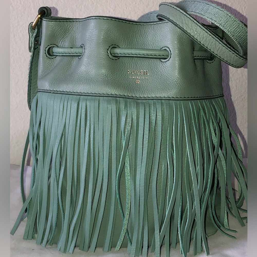 Fossil Fringe Drawstring Crossbody - Sage / Mint Green - Picture 2 of 11
